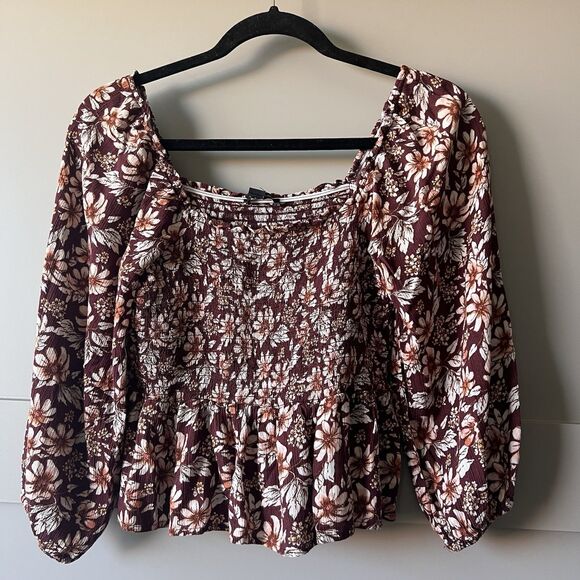 American Eagle Women Top XS Brown Floral Cropped Boho Smocked Peplum Peasant - Picture 1 of 11